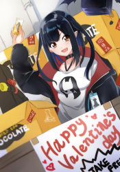 Rule 34 | 1girl, amai nekuta, arknights, bag, black choker, black hair, black jacket, breasts, choker, closure (arknights), collarbone, commentary request, english text, food, hair between eyes, holding, holding food, jacket, lancet-2 (arknights), lanyard, long hair, long sleeves, looking at viewer, market stall, medium breasts, open clothes, open jacket, open mouth, pointy ears, red eyes, robot, shirt, smile, solo, stand, upper body, white shirt
