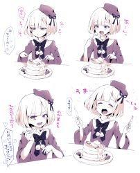 Rule 34 | 1girl, :d, :t, aged down, beret, black bow, black neckwear, blonde hair, blush, bow, closed eyes, commentary request, dress, eating, fate/grand order, fate (series), food, fork, fruit, happy, hat, highres, holding, holding fork, holding knife, jacket, knife, long hair, long sleeves, looking at viewer, lord el-melloi ii case files, multiple views, open mouth, pancake, plate, purple jacket, reines el-melloi archisorte, short hair, smile, strawberry, teeth, translation request, upper body, upper teeth only, yamamori maitake