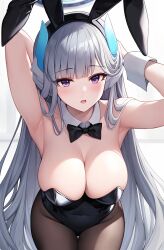 Rule 34 | 1girl, animal ears, armpits, arms behind head, black leotard, blue archive, bow, bowtie, breasts, cleavage, detached collar, fake animal ears, grey hair, halo, headphones, highres, large breasts, leotard, long hair, mechanical halo, myuu (arisumeria), noa (blue archive), open mouth, pantyhose, playboy bunny, purple eyes, rabbit ears, sidelocks, strapless, strapless leotard, very long hair, wrist cuffs