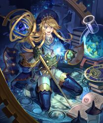Rule 34 | 1boy, :d, armillary sphere, blonde hair, blue coat, blue eyes, blue footwear, blue hat, blue scarf, bolo tie, book, book stack, boots, center frills, coat, collared shirt, flask, floating clothes, frills, fringe trim, full body, gears, gloves, green gloves, green vest, hat, holding, holding staff, kneeling, lantern, light particles, long hair, magic, male focus, open book, open clothes, open coat, open mouth, original, pants, round-bottom flask, scarf, sennohajime, shirt, smile, solo, staff, star (symbol), swept bangs, thigh boots, vest, white pants, white shirt