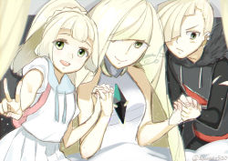 Rule 34 | &gt;:/, 1boy, 2girls, :/, :d, bare arms, bare shoulders, bed, blanket, blonde hair, blunt bangs, braid, breasts, brother and sister, closed mouth, creatures (company), diamond (shape), dress, earrings, family, fingernails, french braid, game freak, gem, gladion (pokemon), green eyes, high ponytail, highres, holding hands, hood, hood down, hoodie, indoors, interlocked fingers, jewelry, light particles, lillie (pokemon), long hair, long sleeves, looking at viewer, looking away, looking down, lusamine (pokemon), medium breasts, mother and daughter, mother and son, multiple girls, nintendo, open mouth, pleated skirt, pokemon, pokemon sm, sawaco (sawaco520), shirt, short hair, short sleeves, siblings, skirt, sleeveless, sleeveless dress, smile, spoilers, teeth, tongue, torn clothes, turtleneck, twitter username, v, v-shaped eyebrows, very long hair, white dress, white shirt, white skirt