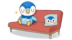 Rule 34 | closed eyes, closed mouth, commentary request, couch, creature, creatures (company), cushion, closed eyes, game freak, gen 4 pokemon, nintendo, no humans, official art, piplup, pokemon, pokemon (creature), project pochama, sitting, smile, solo, sparkle, u u, white background