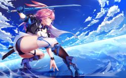 Rule 34 | 1girl, absurdres, animal ears, ass, asymmetrical legwear, benghuai xueyuan, blue sky, boots, breasts, day, fox ears, gloves, highres, holding, holding sword, holding weapon, honkai (series), huge filesize, jacket, large breasts, long hair, pink hair, rabbit ears, shorts, single thighhigh, sky, solo, sword, thighhighs, uneven legwear, weapon, white thighhighs, yae sakura, yae sakura (benghuai xueyuan), yae sakura (goushinnso memento), zomzomzomsauce