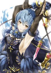 Rule 34 | 1girl, absurdres, animal ears, armpits, arms up, black gloves, blue dress, blue hair, blush, breasts, cleavage, dress, earrings, elbow gloves, erune, ferry (granblue fantasy), gloves, granblue fantasy, hair between eyes, hair ornament, highres, holding, holding sword, holding weapon, hyouta (yoneya), jewelry, long hair, medium breasts, necklace, sideboob, single earring, smile, solo, sword, wavy hair, weapon, whip, yellow eyes
