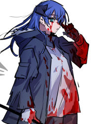 Rule 34 | 1girl, arknights, asymmetrical gloves, black coat, black gloves, blood, blood on clothes, blood on face, blood on gloves, blue eyes, blue hair, coat, commentary, demon horns, energy wings, fur-trimmed coat, fur trim, gloves, hand up, hood, hooded coat, horns, long hair, long sleeves, looking at viewer, mismatched gloves, mostima (arknights), na tarapisu153, open clothes, open coat, parted lips, shirt, sideways glance, simple background, solo, upper body, white background, white gloves, white shirt, wiping face