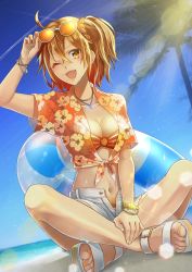 Rule 34 | 1girl, :d, adjusting eyewear, ahoge, beach, bikini, bikini under clothes, blouse, blue gemstone, blush, bracelet, breasts, cleavage, collared shirt, contrail, day, eyewear on head, fate/grand order, fate (series), feet, front-tie top, fujimaru ritsuka (female), fujimaru ritsuka (female) (brilliant summer), fujimaru ritsuka (female) (tropical summer), full body, gem, hair between eyes, hair ornament, hair scrunchie, hawaiian shirt, highres, ichino tomizuki, indian style, innertube, jewelry, legs, lens flare, lipstick, looking at viewer, makeup, medium breasts, nail polish, navel, necklace, o-ring, o-ring bikini, ocean, official alternate costume, one side up, open clothes, open mouth, open shirt, open shorts, orange bikini, orange eyes, orange hair, orange lips, orange nails, orange scrunchie, outdoors, palm tree, parted bangs, red shirt, sandals, scrunchie, shirt, short shorts, short sleeves, shorts, sitting, smile, solo, striped bikini, striped clothes, sunglasses, sweat, swim ring, swimsuit, tied shirt, toenail polish, toenails, toes, tree, tropical summer (fate), white shorts