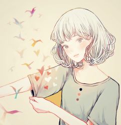 Rule 34 | 1girl, bad id, bad pixiv id, beige background, buttons, clothes grab, curly hair, grey shirt, heart, looking at viewer, origami, original, paper crane, shirt, short hair, short sleeves, silhouette, simple background, sleeve grab, solo, t-shirt, tofuvi, upper body, white hair