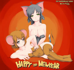 Rule 34 | 00s, 2008, 2girls, ahoge, animal ears, animification, antenna hair, blush, breasts, brown hair, brown thighhighs, cat ears, cat girl, cat tail, cleavage, costume, female focus, fur, gender request, genderswap, green eyes, grey eyes, grey hair, hand on own hip, hip focus, jerry (tom and jerry), large breasts, leotard, lying, mouse ears, mouse tail, multiple girls, nekohige, new year, on side, personification, short hair, sitting, small breasts, smile, strapless, strapless leotard, tail, thighhighs, tom, tom and jerry