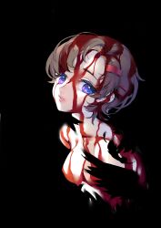 Rule 34 | 1girl, absurdres, black background, blood, blood in hair, blood on chest, blood on face, breasts, brown hair, expressionless, feathers, hair ornament, hairclip, highres, looking at viewer, may (2747513627), nude, pale skin, parted lips, purple eyes, sayonara wo oshiete, short hair, simple background, small breasts, solo, takada nozomi, upper body
