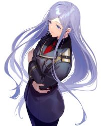 Rule 34 | 1girl, 86 -eightysix-, absurdres, anju emma, blue eyes, blue hair, closed mouth, collared shirt, cowboy shot, crossed arms, floating hair, grey jacket, grey shirt, highres, jacket, long hair, long sleeves, military, military uniform, mole, mole under eye, necktie, parted bangs, red necktie, shirt, simple background, smile, solo, standing, straight hair, uniform, very long hair, white background, wing collar