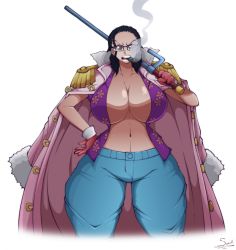 Rule 34 | 1girl, artist name, ass, black eyes, black hair, breasts, cigar, cowboy shot, curvy, dual persona, female focus, glasses, gloves, hair pulled back, hand on own hip, highres, holding, holding weapon, huge ass, jacket, jacket on shoulders, large breasts, navel, one piece, open clothes, open mouth, over shoulder, pink jacket, purple shirt, red gloves, shirt, smoke, smoker (one piece), smoking, solo, superix, tashigi, v-shaped eyebrows, weapon