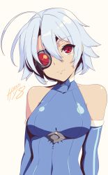 Rule 34 | 1girl, ahoge, bare shoulders, blazblue, bodysuit, breasts, closed mouth, collarbone, eyebrows, eyepatch, female focus, hair between eyes, hell machina, highres, long hair, looking at viewer, medium breasts, nu-13, red eyes, shiny skin, short hair, signature, silver hair, simple background, skindentation, smile, solo, standing, upper body, very long hair, white background