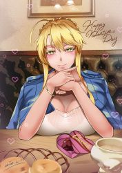 Rule 34 | 1girl, absurdres, ahoge, artoria pendragon (fate), artoria pendragon (lancer) (fate), blonde hair, bracelet, braid, breast rest, breasts, breasts on table, chocolate, collarbone, commentary request, condom, dated, fate (series), french braid, happy valentine, heart, highres, huge ahoge, jacket, jewelry, large breasts, long hair, looking at viewer, shiki (love-saber), smile, solo, upper body, valentine, yellow eyes