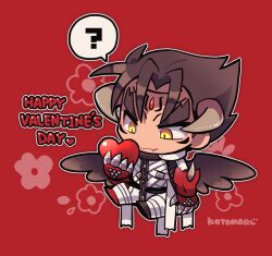 Rule 34 | 1boy, ?, bandages, black hair, black wings, chain, chibi, closed mouth, devil jin, facial mark, fang, forehead jewel, gloves, grey horns, happy valentine, heart, holding, holding heart, horns, kazama jin, kotorai, looking at object, male focus, no nose, red background, red gloves, short hair, signature, skin fang, slit pupils, speech bubble, spoken question mark, tekken, thick eyebrows, v-shaped eyebrows, wings, yellow eyes