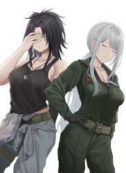 2girls absurdres ak-12_(girls&#039;_frontline) angelia_(girls&#039;_frontline) angelia_(girls&#039;_frontline)_(cosplay) black_gloves black_hair black_tank_top closed_eyes closed_mouth collarbone commentary commission cosplay cozie178 dog_tags english_commentary facepalm girls&#039;_frontline gloves green_background green_jacket green_pants grey_pants hand_on_own_hip highres jacket long_hair military multiple_girls pants parted_lips ponytail russian_text sidelocks simple_background smile tank_top vgen_commission white_background white_hair