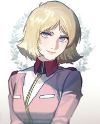Rule 34 | 1girl, blonde hair, blue eyes, blurry edges, closed mouth, collared jacket, film grain, gundam, highres, jacket, long sleeves, looking at viewer, military uniform, mobile suit gundam, pink jacket, pink lips, sayla mass, short hair, simple background, smile, solo, uniform, upper body, ususio 11, white background, wing collar