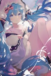 Rule 34 | 1girl, absurdres, black footwear, black ribbon, blue eyes, blue gloves, blue hair, bonnet, closed mouth, commentary request, crescent, crescent hair ornament, foot out of frame, fur-trimmed kimono, fur trim, gloves, hair ornament, half gloves, hatsune miku, highres, japanese clothes, kiduki, kimono, knees up, long hair, long sleeves, looking at viewer, pink kimono, pink ribbon, ribbon, smile, solo, sun hair ornament, thighhighs, twintails, very long hair, vocaloid, white thighhighs, yuki miku, yuki miku (2023)