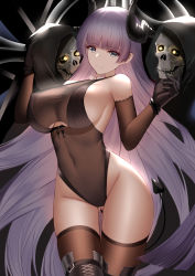 Rule 34 | 1girl, absurdres, an yasuri, arm warmers, azur lane, bad id, bad pixiv id, bare shoulders, black footwear, black gloves, blue eyes, boots, breasts, brown leotard, brown thighhighs, clothing cutout, covered erect nipples, covered navel, cowboy shot, curled horns, demon horns, gloves, gluteal fold, gneisenau (azur lane), gneisenau (nightmarish succubus) (azur lane), groin, highres, hood, horns, large breasts, leotard, long hair, looking at viewer, purple hair, sideboob, skeleton, smile, solo, thigh boots, thighhighs, thighs, underboob cutout, very long hair