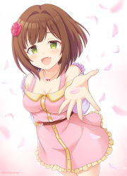 Rule 34 | 1girl, :d, blush, breasts, brown hair, cleavage, collarbone, commentary request, dress, fang, flower, frilled dress, frills, gradient background, green eyes, hair flower, hair intakes, hair ornament, hand up, idolmaster, idolmaster cinderella girls, idolmaster cinderella girls starlight stage, jewelry, kaiware-san, long sleeves, looking at viewer, maekawa miku, medium breasts, necklace, off-shoulder dress, off shoulder, open mouth, petals, pink background, pink dress, red flower, red rose, rose, smile, solo, twitter username, white background