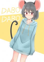 Rule 34 | 1girl, alternate costume, animal ears, blue hoodie, blush, bottomless, dakuazu, dutch angle, embarrassed, grey hair, grey tail, highres, hood, hoodie, long sleeves, mouse ears, mouse girl, naked hoodie, nazrin, no pants, nose blush, red eyes, short hair, sleeves past fingers, sleeves past wrists, thighs, touhou, two-tone background, white background, yellow background