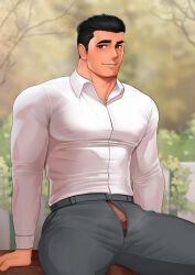 Rule 34 | 1boy, absurdres, bara, black hair, closed mouth, collared shirt, day, glasses, grey pants, highres, large pectorals, male focus, mikicat, muscular, muscular male, open pants, original, outdoors, pants, pectorals, penis, penis peek, shirt, short hair, smile, solo, white shirt