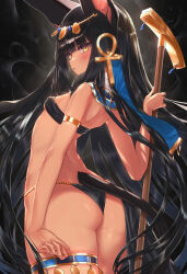 Rule 34 | 1girl, animal ears, ankh, anubis (mythology), arched back, armlet, ass, back, bad id, bad twitter id, black background, black hair, blush, breasts, commentary request, dark-skinned female, dark skin, egyptian clothes, egyptian mythology, headpiece, highres, holding, holding staff, jackal ears, jackal tail, komiya nigi, long hair, looking at viewer, looking back, original, parted lips, revealing clothes, revision, slit pupils, small breasts, solo, staff, thighlet, usekh collar, very long hair, yellow eyes