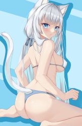 Rule 34 | 1girl, absurdres, animal ear fluff, animal ears, bad id, bad pixiv id, barefoot, bikini, blue background, blue bikini, blue bow, blue eyes, blue ribbon, bow, breasts, chucolala, covered erect nipples, from behind, grey hair, hair bow, hair over shoulder, hair ribbon, halterneck, highres, jawr8473, large breasts, long hair, looking at viewer, looking back, ribbon, shirayuki aria, sitting, soles, solo, string bikini, swimsuit, tail, tail raised, virtual youtuber, wariza