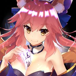 Rule 34 | 10s, 1girl, animal ears, between breasts, breasts, cleavage, detached sleeves, fate/extra, fate/grand order, fate (series), fox ears, fox tail, guricoogen, hair ribbon, japanese clothes, large breasts, long hair, looking at viewer, pink hair, ribbon, solo, tail, tamamo (fate), tamamo no mae (fate/extra), yellow eyes