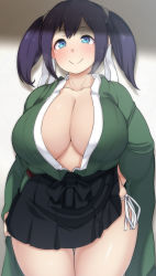Rule 34 | 1girl, black skirt, blue eyes, blue hair, blush, breasts, cleavage, closed mouth, collarbone, commentary request, cowboy shot, curvy, fundoshi, green kimono, hair between eyes, hair ribbon, highres, huge breasts, japanese clothes, kantai collection, kimono, konoshige (ryuun), lifting own clothes, long sleeves, looking at viewer, no bra, open clothes, open kimono, panties, pleated skirt, revision, ribbon, self exposure, short hair, side-tie panties, side-tie peek, simple background, skirt, smile, solo, souryuu (kancolle), string panties, thigh gap, thighs, twintails, underwear, upper body, wide sleeves