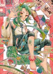 Rule 34 | 1other, 2024, androgynous, barefoot, chinese clothes, chinese zodiac, commentary, dragon horns, dragon tail, green hair, happy new year, highres, horns, long hair, looking at viewer, new year, original, paddle, symbol-only commentary, tail, tenyawanya tsun, tongue, tongue out, toy, year of the dragon