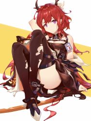Rule 34 | 1girl, absurdres, arknights, arm up, armband, bare shoulders, black dress, black thighhighs, breasts, cleavage, commentary, detached collar, dress, head tilt, highres, horns, knees up, long hair, long sleeves, looking at viewer, medium breasts, off shoulder, purple eyes, red hair, river (river ga), short dress, sitting, solo, surtr (arknights), thighhighs, thighs, torn clothes, torn thighhighs, two-tone background, very long hair, white background, yellow background