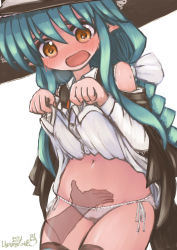 Rule 34 | 1girl, aqua hair, artist name, bare shoulders, black hat, black vest, blush, bow, bow panties, braid, clothes lift, clothing cutout, collared shirt, cowboy shot, dated, disembodied hand, embarrassed, female focus, hair ribbon, hands up, hat, have to pee, highres, lifting own clothes, long hair, long sleeves, looking down, motion lines, navel, nose blush, open mouth, orange eyes, original, panties, pee, pointy ears, ribbon, shiny skin, shirt, shirt lift, shoulder cutout, side-tie panties, sidelocks, signature, simple background, solo, standing, stomach, surprised, sweat, tears, thighhighs, thighs, ugogogesik, underwear, vest, wet, wet clothes, wet panties, white background, white panties, white ribbon, white shirt, wide-eyed, witch, witch hat
