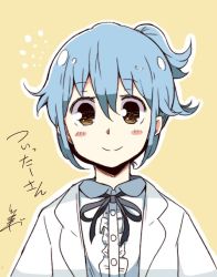 Rule 34 | 1girl, blue hair, blush, closed mouth, lab coat, looking at viewer, personification, ponytail, smile, solo, tsukigi, twitter, upper body, yellow background, yellow eyes