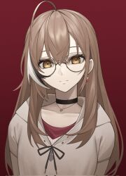 Rule 34 | 1girl, apicium, berry, black choker, brown eyes, brown hair, brown hoodie, choker, crossed bangs, double-parted bangs, earrings, food-themed earrings, glasses, hair between eyes, highres, hololive, hololive english, hood, hoodie, jewelry, looking at viewer, multicolored hair, nanashi mumei, nanashi mumei (casual), necklace, portrait, red background, red shirt, round eyewear, shirt, smile, streaked hair, sweater, virtual youtuber, white sweater