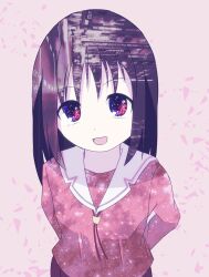 Rule 34 | 1girl, :d, alternate eye color, arms behind back, azumanga daioh&#039;s school uniform, azumanga daiou, breasts, brown hair, commentary, from above, glitch, highres, kasuga ayumu, kobaryo, looking at viewer, looking up, medium hair, neck ribbon, open mouth, pink background, pink serafuku, pink shirt, pink theme, pleated skirt, red eyes, red ribbon, red skirt, ribbon, sailor collar, school uniform, serafuku, shards, shirt, skirt, small breasts, smile, solo, upper body, upturned eyes, white sailor collar