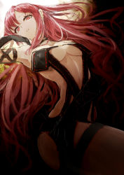 Rule 34 | 1girl, absurdres, alternate hair color, black dress, black gloves, breasts, center opening, choker, cleavage, dress, earrings, fate/grand order, fate (series), fingers to cheeks, gloves, highres, jewelry, long hair, looking at viewer, medium breasts, parted lips, red eyes, red hair, revealing clothes, sleeveless, sleeveless dress, solo, stomach, very long hair, watchi, yu mei-ren (fate)