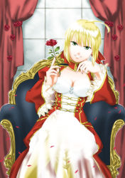 Rule 34 | 10s, 1girl, absurdres, ahoge, blonde hair, breasts, chair, cleavage, curtains, dress, epaulettes, fate/extra, fate (series), flower, green eyes, hair ribbon, highres, looking at viewer, nero claudius (fate), nero claudius (fate), nero claudius (fate/extra), petals, red dress, red flower, red rose, ribbon, rose, rose petals, shimaneko, short hair, sitting, solo