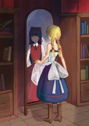 Rule 34 | 1girl, absurdres, apron, blonde hair, book, bow, braid, different reflection, dress, ellen (majo no ie), full body, green eyes, highres, long hair, mahane, majo no ie, mirror, purple hair, red bow, red dress, reflection, ribbon, twin braids, viola (majo no ie), yellow eyes