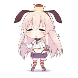 Rule 34 | 10s, 1girl, balancing, black panties, blonde hair, chibi, elbow gloves, food, gloves, hairband, kantai collection, kurono nekomaru, long hair, panties, pudding, shimakaze (kancolle), skirt, solo, striped clothes, striped thighhighs, thighhighs, triangle mouth, underwear, white gloves