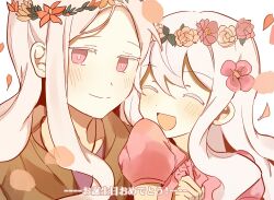Rule 34 | !, 2girls, ^ ^, blush, brown jacket, chinese commentary, close-up, closed eyes, closed mouth, colored eyelashes, dress, facing viewer, flower, flower request, hair between eyes, hair flower, hair ornament, head wreath, jacket, kagerou project, kozakura marry, kozakura shion, leaf, long hair, looking at viewer, mekakucity actors, mother and daughter, multiple girls, orange hair, otorigg, petals, pink eyes, pink flower, pink shirt, puffy short sleeves, puffy sleeves, purple shirt, shirt, short sleeves, simple background, smile, upper body, wavy hair, white background, white hair