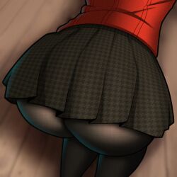 Rule 34 | 1girl, absurdres, amagi yukiko, ass, ass focus, black pantyhose, cardigan, commentary, english commentary, from behind, highres, lower body, on floor, pantyhose, persona, persona 4, pleated skirt, red cardigan, school uniform, skirt, solo, themwxxxart, thighs, upskirt, yasogami school uniform