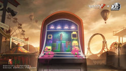 Rule 34 | 2020, aircraft, arcade cabinet, arcade stick, bench, blood, cage, circus, commentary request, controller, copyright name, danganronpa (series), day, ferris wheel, game controller, highres, hot air balloon, identity v, joystick, lamppost, no humans, official art, outdoors, pink blood, roller coaster, scenery, spoilers, star (symbol), star print, tent, tetris, video game