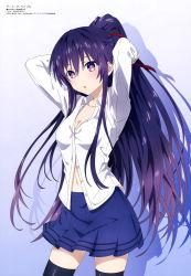 Rule 34 | 1girl, absurdres, arms up, black thighhighs, blue skirt, breasts, cleavage, collarbone, collared shirt, cowboy shot, date a live, gradient background, hair between eyes, hair tie, highres, long hair, long sleeves, megami magazine, navel, official art, open clothes, open shirt, parted lips, pleated skirt, purple eyes, purple hair, scan, school uniform, shirt, simple background, skirt, small breasts, solo, standing, thighhighs, tying hair, very long hair, white shirt, yatogami tooka