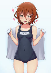 Rule 34 | 10s, 1girl, ao madoushi, breasts, brown hair, covered navel, cowboy shot, female focus, hair between eyes, hair ornament, hairclip, heart, highres, ikazuchi (kancolle), kantai collection, looking at viewer, old school swimsuit, one-piece swimsuit, school swimsuit, short hair, small breasts, solo, standing, swimsuit, thigh gap, thighs