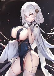Rule 34 | 1girl, azur lane, black background, black dress, braid, breast curtains, breasts, cannon, closed mouth, commentary request, crown braid, dress, gloves, groin, hair between eyes, hair ornament, hand up, highres, large breasts, looking at viewer, nekoya (liu), no panties, official alternate costume, petals, red eyes, see-through, signature, sirius (azur lane), sirius (azure horizons) (azur lane), solo, thighhighs, twitter username, white gloves, white hair, white thighhighs