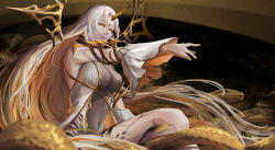 Rule 34 | 1girl, absurdres, angelhht, animal, armor, bare shoulders, blonde hair, breasts, covered navel, detached sleeves, fire emblem, fire emblem heroes, forehead jewel, full body, giant snake, gold trim, grey hair, gullveig (fire emblem), highres, horns, large breasts, leotard, long hair, long sleeves, multicolored hair, nintendo, oversized animal, pale skin, scale armor, single horn, skin tight, snake, solo, thick thighs, thighs, two-tone hair, yellow eyes