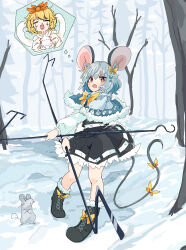 1girl absurdres adapted_costume animal_ears bare_tree black_hair black_skirt blonde_hair blue_brooch blue_capelet blue_scarf boots bow bowtie capelet commentary_request crying dowsing_rod fur-trimmed_boots fur-trimmed_capelet fur_trim grey_hair hagoromo hair_bow highres long_sleeves mouse_(animal) mouse_ears mouse_girl mouse_tail multicolored_hair nazrin open_mouth outdoors red_eyes scarf shawl skirt snow solo speech_bubble streaked_hair streaming_tears tail tail_bow tail_ornament tatutaniyuuto tears thought_bubble toramaru_shou touhou tree yellow_bow yellow_bowtie