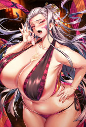 Rule 34 | 1girl, absurdres, alternate breast size, areola slip, arm up, armpits, bikini, blush, breasts, cleavage, condom, cum, cum in mouth, cum on body, cum on breasts, cum on tongue, cum on upper body, curvy, daki (kimetsu no yaiba), facial mark, female focus, floating hair, furrowed brow, hair ornament, hairpin, half-closed eyes, hand on own hip, highres, huge breasts, kimetsu no yaiba, long hair, looking at viewer, open mouth, panties, plump, side-tie panties, sideboob, sidelocks, silver hair, smile, solo, swept bangs, swimsuit, underwear, used condom, very long hair, wide hips, wow (cor369), yellow eyes