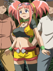 Rule 34 | 00s, 1girl, breasts, climax entertainment, dinosaur king, goggles, jacket, jewelry, makino tomoyasu, midriff, multiple boys, navel, necklace, old, old man, open mouth, pink hair, purple eyes, sega, shirt, short hair, short shorts, shorts, smile, standing, tatsuno malm, taut clothes, taut shirt, thighhighs, twintails, zettai ryouiki