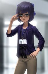 Rule 34 | 1girl, a-chan (2nd costume) (hololive), a-chan (hololive), adjusting eyewear, blazer, blue eyes, blurry, blurry background, bow, glasses, hair bow, hand on eyewear, hololive, infi, jacket, khakis, lanyard, looking at viewer, name tag, office lady, official alternate costume, open clothes, open jacket, open mouth, pants, pinstripe pattern, pinstripe shirt, purple hair, purple jacket, purple shirt, shirt, short hair, solo, striped clothes, striped shirt, virtual youtuber